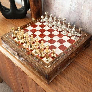 Handmade Luxury Chess Set: Solid Metal Pieces, Wooden Storage Drawer