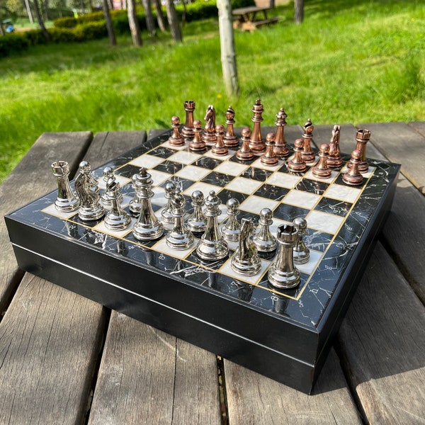 Man Birthday Gift, Father's Day Gift Dad, Large Chess Set with Storage, Hanmade Metal Chess Pieces , Housewarming Gift Decorative Chess Set