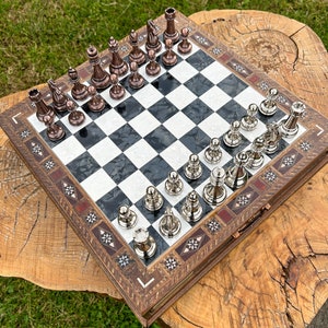 Large Wooden Chess Set with Metal Chess Pieces: Handmade Mosaic Board
