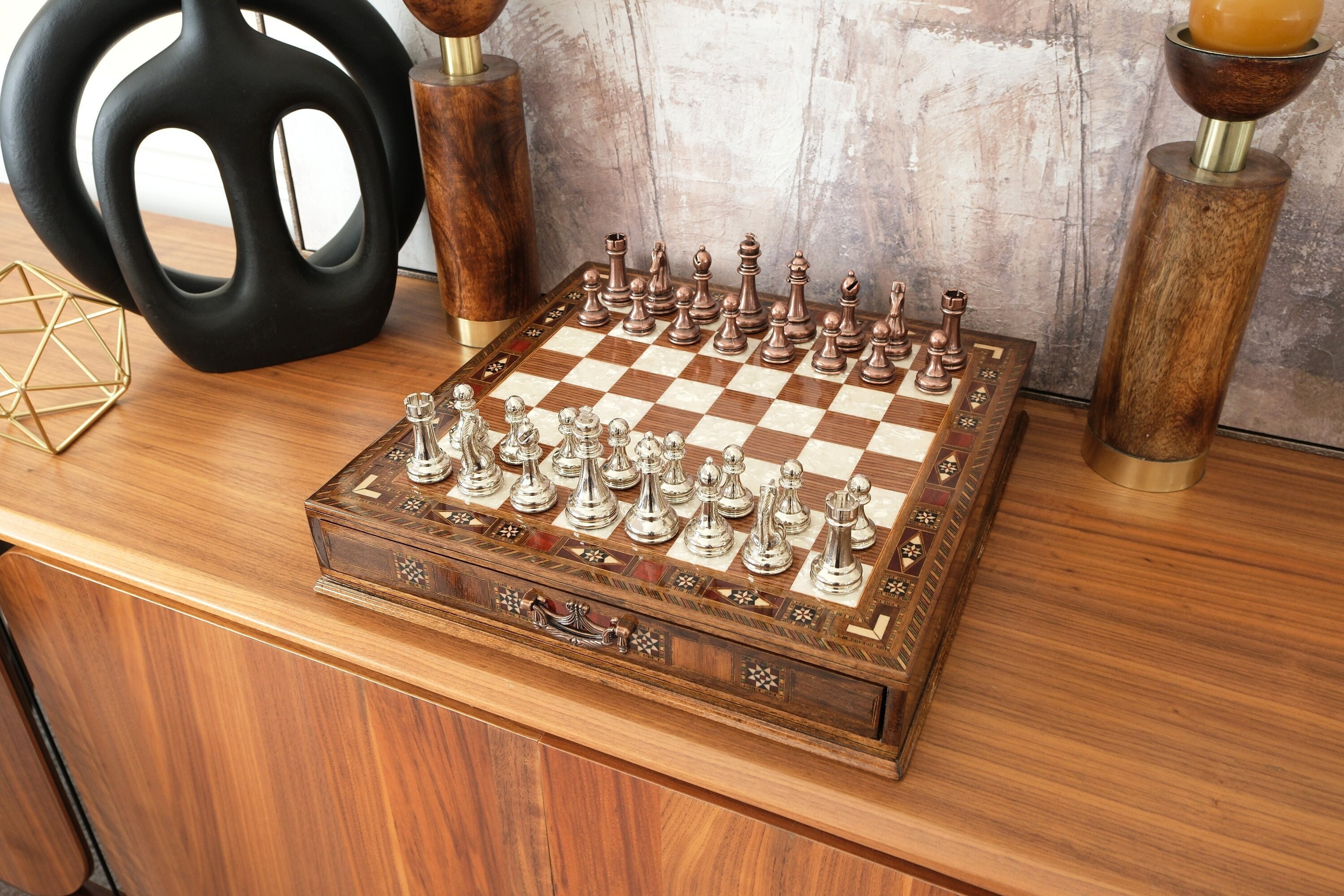 Personalized Gift for Dad, Handmade Chess Set with Drawer Storage, Dad Retirement Gift, Man Anniversary Gift, Luxury Chess Set,Gift for Him