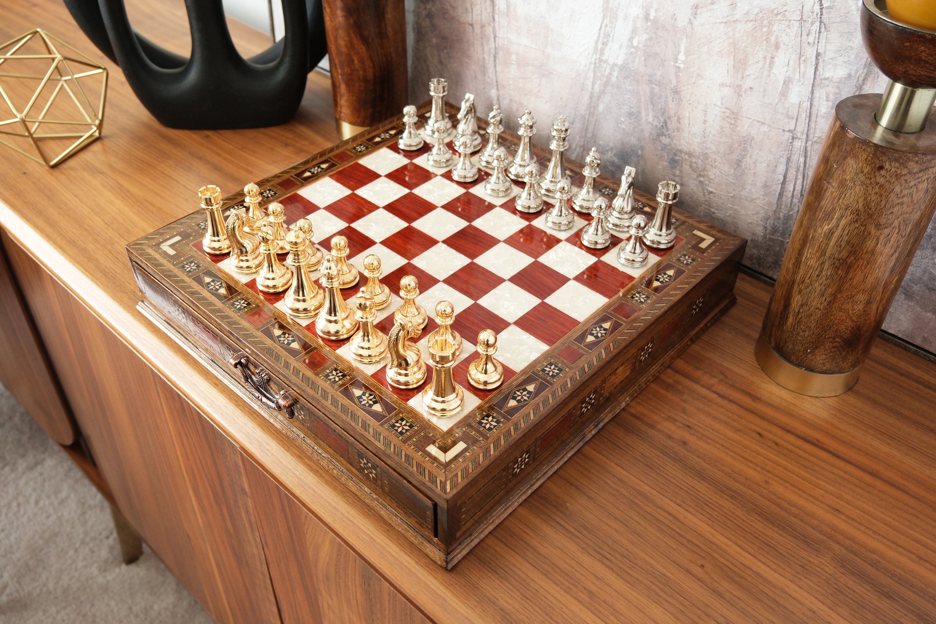 Handmade Wooden Chess Set: Large VIP Board with Metal Pieces