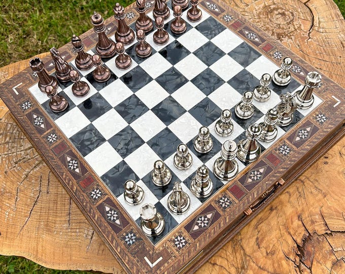Luxury Wooden Chess Set, Mosaic Board with Metal Pieces (Medium & Large)