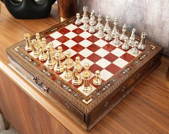 Luxury Wooden Chess Set, Handmade Board with Metal Pieces (15-inch)