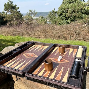 Leather Backgammon Set, Wooden Board, Crocodile Pattern (Personalized)