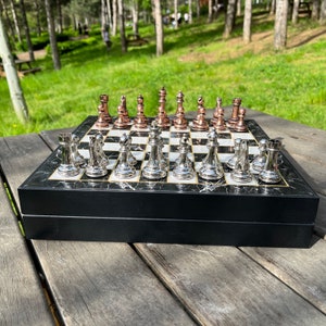 Chess Set with Marble Patterned Wooden Box, Metal Chess Set for Dad, Gift for Son, Handmade Special Chess Gift Set, Luxury Chess Set Gift