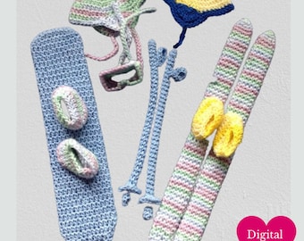 Ski and Snowboard Play Set for a Doll Crochet PATTERN, Doll Skis, Doll Snowboard, Ski Play Set for Doll, Snowboard Play Set for Doll