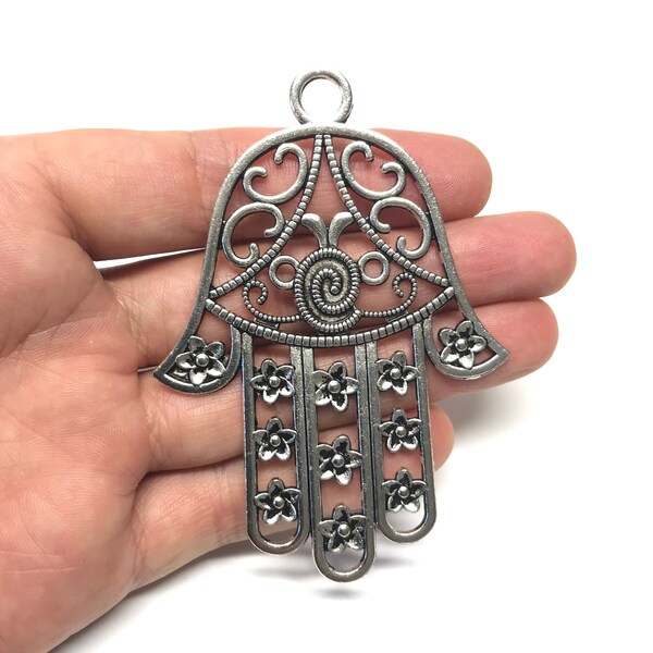 XL Antique Silver / Bronze  Hamsa Charm, hamsa pendant , 89 x 62 mm (A00389)