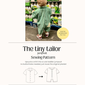 Op de afbeelding: Een groen en wit gestreepte peuter jumpsuit, geüpcycled van een shirt, wordt getoond in deze afbeelding. De tekst luidt "UPCYCLING SHIRT INTO TODDLER JUMPSUIT". Het naaipatroon is voor maten 68-104 en is een digitale download.