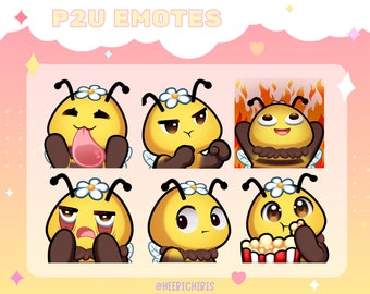 May include: A set of six animated bee emotes with different expressions, including a bee with its tongue sticking out, a bee with its arms crossed, a bee with its eyes wide open, a bee with its eyes closed, a bee with its mouth open, and a bee eating popcorn. The emotes are all yellow and black with a white flower on their heads. The text "P2U Emotes" is at the top of the image.