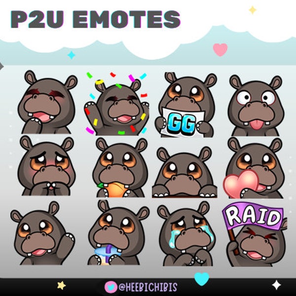 12 émoticônes Hippo Twitch | Forfait 1