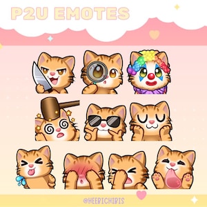 Pode incluir: Um conjunto de nove emoticons de gato laranja com diferentes expressões, incluindo um gato com uma faca, um gato com uma lupa, um gato com um chapéu de palhaço, um gato com um martelo batendo na cabeça, um gato usando óculos de sol, um gato com os olhos fechados, um gato mostrando a língua, um gato corado e um gato com o nariz para cima.