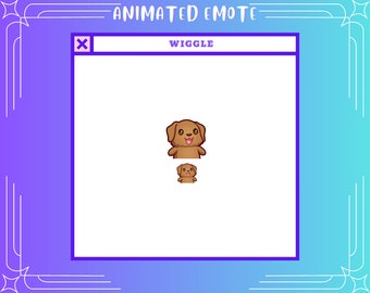 May include: Animated emoji of a brown dog with a happy expression, wiggling its body. The emoji is displayed in a white window with a purple title bar that says "WIGGLE".