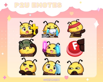 May include: A set of nine animated bee emotes with different expressions, including a bee with a cross, a bee with a gas mask, a bee with a blindfold, a bee pressing an F key, a bee with a military helmet, a bee with a lightsaber, a bee with a confused expression, a bee with a towel, and a bee with a skeptical expression. The emotes are all yellow and black with white eyes and are set against a pink background with white stars.
