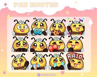 May include: A set of 12 animated bee emotes with different expressions, including happy, sad, surprised, and angry. The bees are wearing flower crowns and have brown wings. The emotes are perfect for use on Twitch, Discord, or other online platforms.