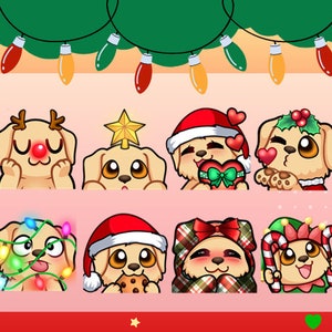 May include: A collection of eight cartoon dogs with festive Christmas decorations. Each dog has a unique design, including reindeer antlers, a star, a Santa hat, and Christmas lights. The background is a gradient of red and orange with a string of Christmas lights.
