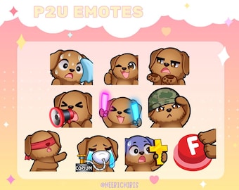 May include: A set of nine animated emotes featuring a brown dog with different expressions and accessories. The emotes include a dog with a towel on its head, a dog with a megaphone, a dog with a lightsaber, a dog with a bandage over its eyes, a dog with a gas mask, a dog with a cross, a dog with a red button, and a dog with a confused expression.