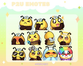 May include: A set of 10 animated bee emoticons with different expressions, including happy, sad, angry, surprised, and shy. The bees are wearing flower crowns and have a yellow and brown color scheme.