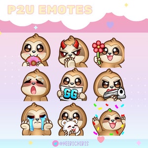 May include: A set of nine sloth emojis with different expressions, including eating a donut, holding a flower, holding a gun, crying, and celebrating. The emojis are all brown with big eyes and are set against a pink and purple background with stars.