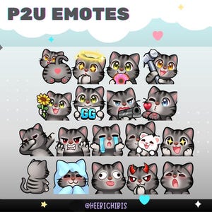 Grey/Gray Tabby Cat Twitch Emotes - 18 Chibi Cats, 3 eye colors | Streamer Graphics (Pack 2)