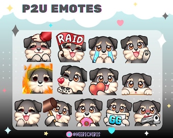 May include: A set of 12 digital emotes featuring a cartoon dog with different expressions and actions. The dog is gray with brown fur and has a cute, cartoonish style. The emotes include expressions like happy, sad, angry, and surprised, as well as actions like waving, holding a heart, and holding a gun.