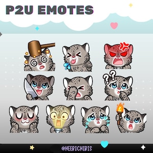 May include: A collection of P2U emotes featuring a snow leopard character with various expressions. The emotes include the leopard with a hammer, sticking its tongue out, angry, holding a knife, covering its face, with question marks, blushing, with a lightbulb, crying, and holding a torch.