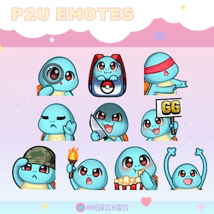 Może przedstawiać: Zestaw dziewięciu animowanych emotikonów przedstawiających niebieską postać żółwia w różnych pozach i wyrażeniach. Emotikony obejmują żółwia z plecakiem, trzymającego lupę, z zasłoniętymi oczami, trzymającego nóż, trzymającego znak z napisem "GG", w wojskowej czapce, trzymającego pochodnię, jedzącego popcorn i z uniesionymi rękami.