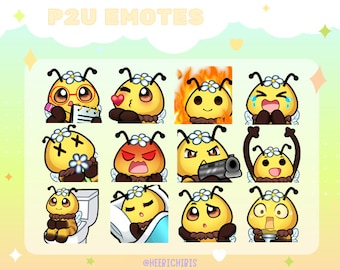 May include: A set of 12 animated bee emojis with different expressions, including a bee wearing glasses, a bee with a gun, a bee on a toilet, and a bee on fire. The emojis are all yellow and black with white flowers on their heads. The text "P2U Emotes" is at the top of the image.
