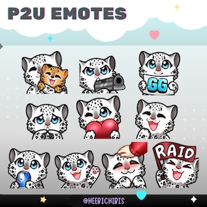 May include: A set of nine animated emotes featuring a white snow leopard with different expressions and actions. The emotes include the snow leopard holding a heart, a can of soda, a gun, a sign that says "GG", and a sign that says "RAID".