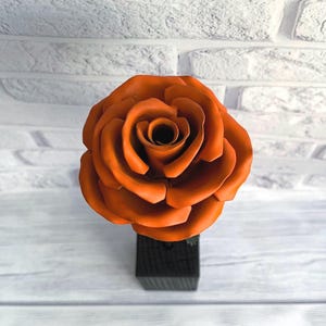Handmade orange iron rose with wooden stand Forged metal rose gift for anniversary Cozy home garden or office decor Iron realistic flower