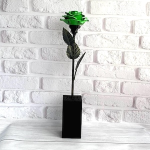 Handmade light green iron rose with wooden stand Forged metal  gift for anniversary Cozy home garden or office decor Iron realistic flower