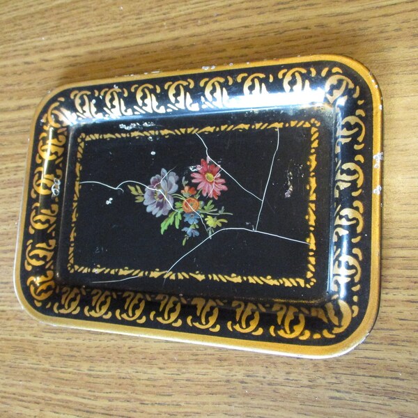 Vintage Social Supper Trays Shabby and Chic Metal Tole Tray Wildflower Bouquet Ornate Scrolling Black Gold