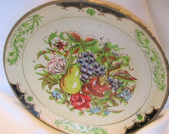 Vintage French Country Round Hand Painted Tole Tray Roses Wildflowers Pear Grapes Fruit Paper Mache Black 9 in.  Japan