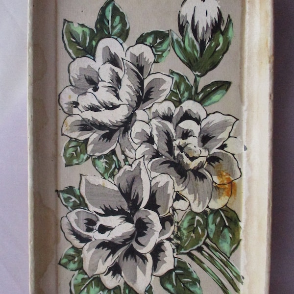 Vintage Tole Tray Hand-Painted Black and Gray Magnolias Beige Paper Mache 5 x 8 1/2 in. Japan