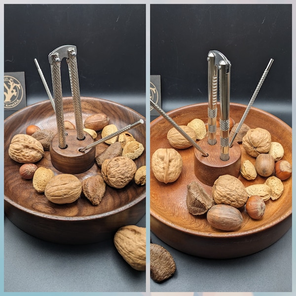 Nut cracker station. Nut peanuts bowl dish. Beautiful woods. Old school. Nut cracker tools. Handmade. Barware. Bar top. Nut bowl. Gift idea.