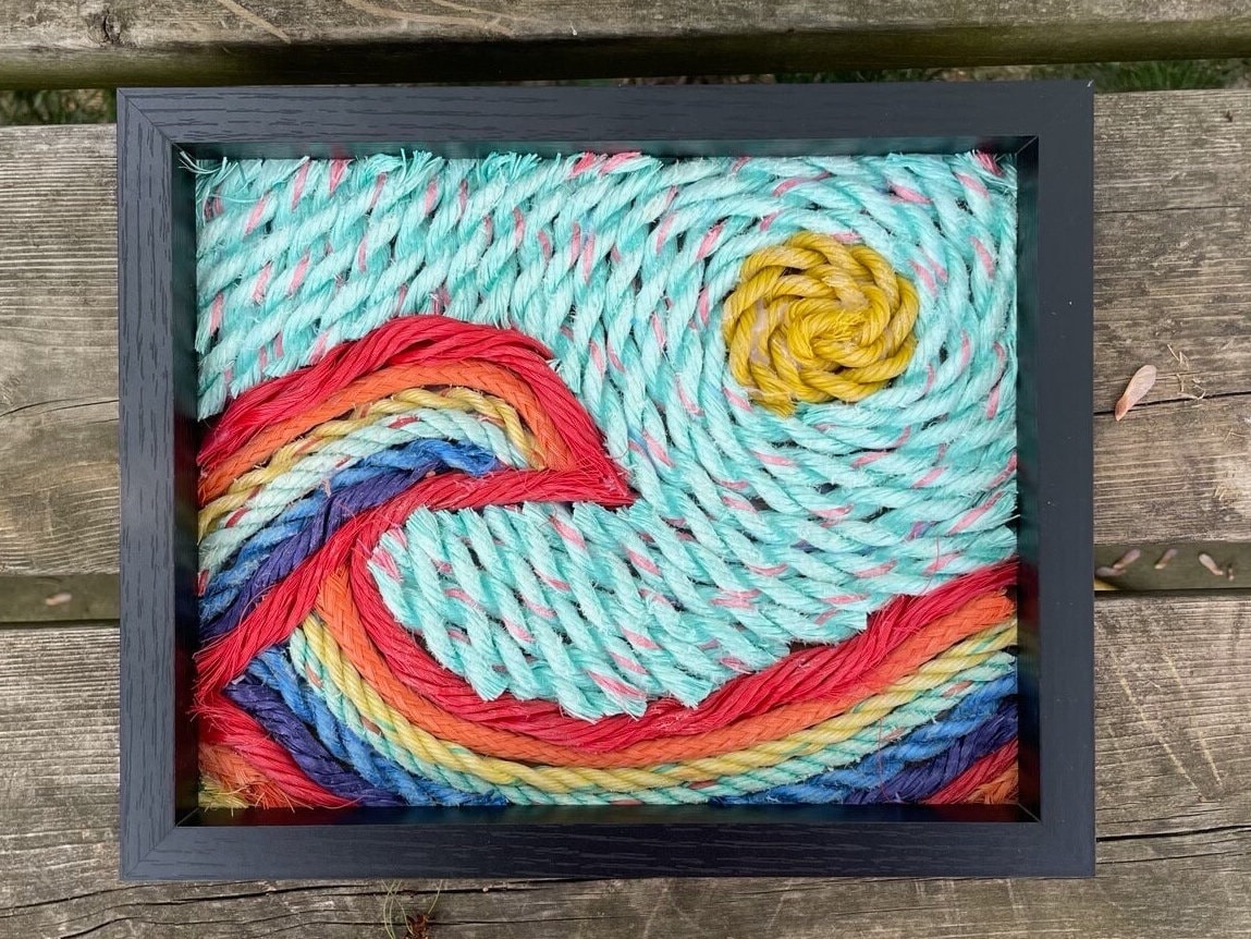 Repurposed fishing rope art