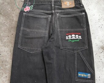 Men Women Hip Hop Graphic Embroidered Baggy Jeans Denim Pants New High Waist Wide Big Pocket Trouser