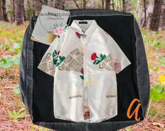 Men's Summer Short-Sleeved Shirt with Leaf and Rose Pattern, Hawaiian Shirts Suitable for Beach Vacations