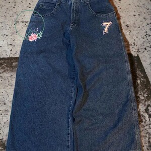 Jeans Hip Hop Number 7 Dice Graphic Embroidered Blue Baggy Jeans Men Women High Waist Wide Big Pocket Trousers zdjęcie 2