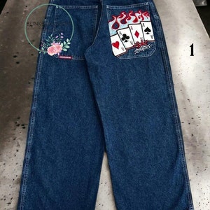 Hip Hop Letter Embroidered Baggy Jeans Denim Pants Men Women Goth High Waist Wide Leg Big Pocket Trousers