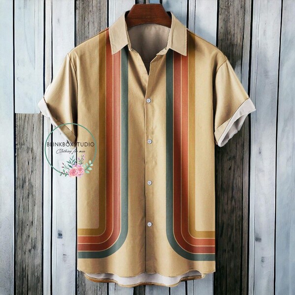 2024 26 Style Men Hawaiian Beach Vacation Casual Shirts Summer Fashion Short Sleeve Turn Down Collar Stripe Print Loose Streetwear