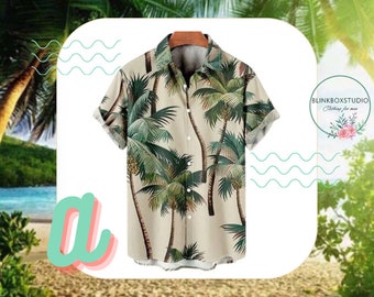 Unique Men's Shirt with Coconut Tree and Parrot Pattern, Cool Hawaiian Shirt for Outdoor Activities; Hawaiian Seascape Nature Pattern Shirt