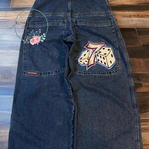 Jeans Hip Hop Number 7 Dice Graphic Embroidered Blue Baggy Jeans Men Women High Waist Wide Big Pocket Trousers