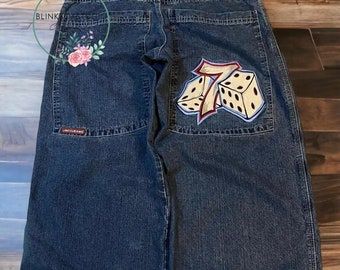 Jeans Hip Hop Nummer 7 Dobbelstenen Grafisch Geborduurde Blauwe Baggy Jeans Heren Dames Hoge Taille Brede Grote Zakbroek