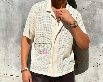 2024 Men Fashion Beach Breathable Shirt Man Summer Creamy-white Color Casual Loose Short Sleeve Cardigan Lapel Tops Clothing