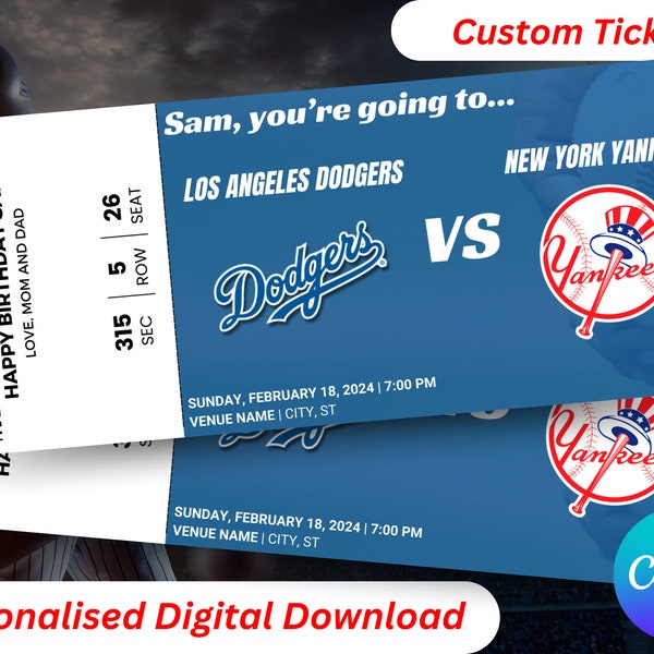 Los Angeles Baseball Ticket, Dodgers Ticket, Baseball Surprise Ticket, Baseball Gift Ticket, MLB Custom Tickets, Sports Tickets, Printable
