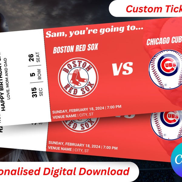 Boston Baseball Ticket, Red SoxTicket, Baseball Surprise Ticket, Baseball Gift Ticket, MLB Custom Tickets, Sports Tickets, Printable