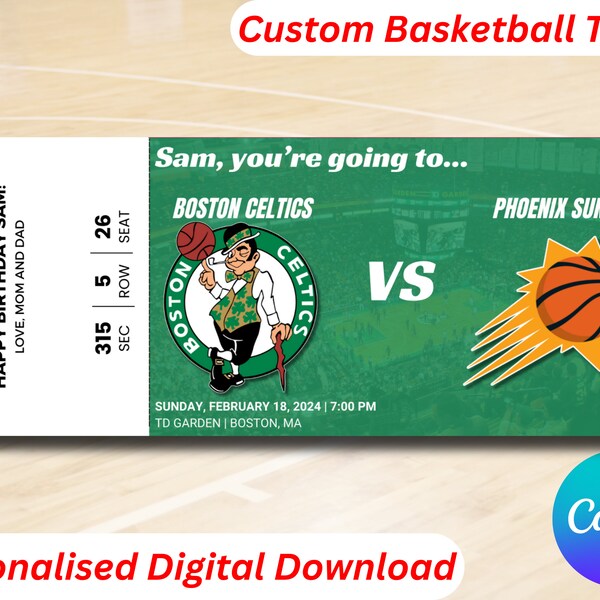 Boston Basketball Ticket, NBA Tickets, Basketball Surprise Ticket, Basketball Gift Ticket, Basketball Template, Ticket Template, Printable
