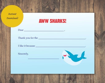 Kids Shark Birthday Thank You Cards | Childrens Fill in the Blank Thank You Notes for Holidays | Boys/Unisex Thank you card
