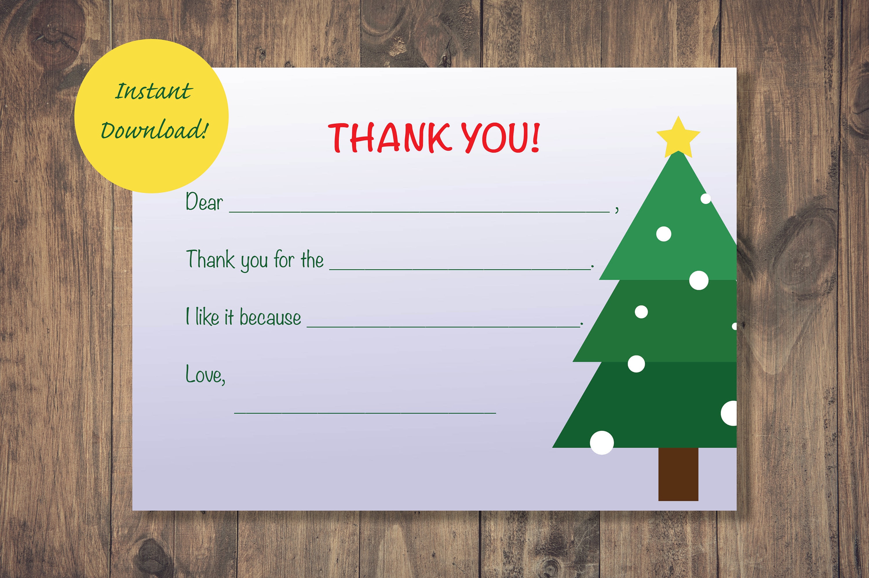 Kids Christmas Tree Thank You Cards | Childrens Fill in the Blank Thank ...