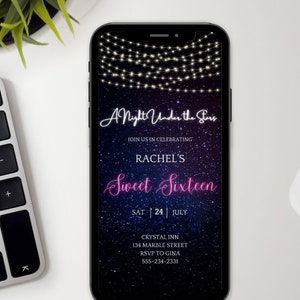 Sweet Sixteen Invitation Template, Quinceanera Invite, Canva Editable Birthday Party, Mobile iPhone Evite, Starry Night, Under the Stars,